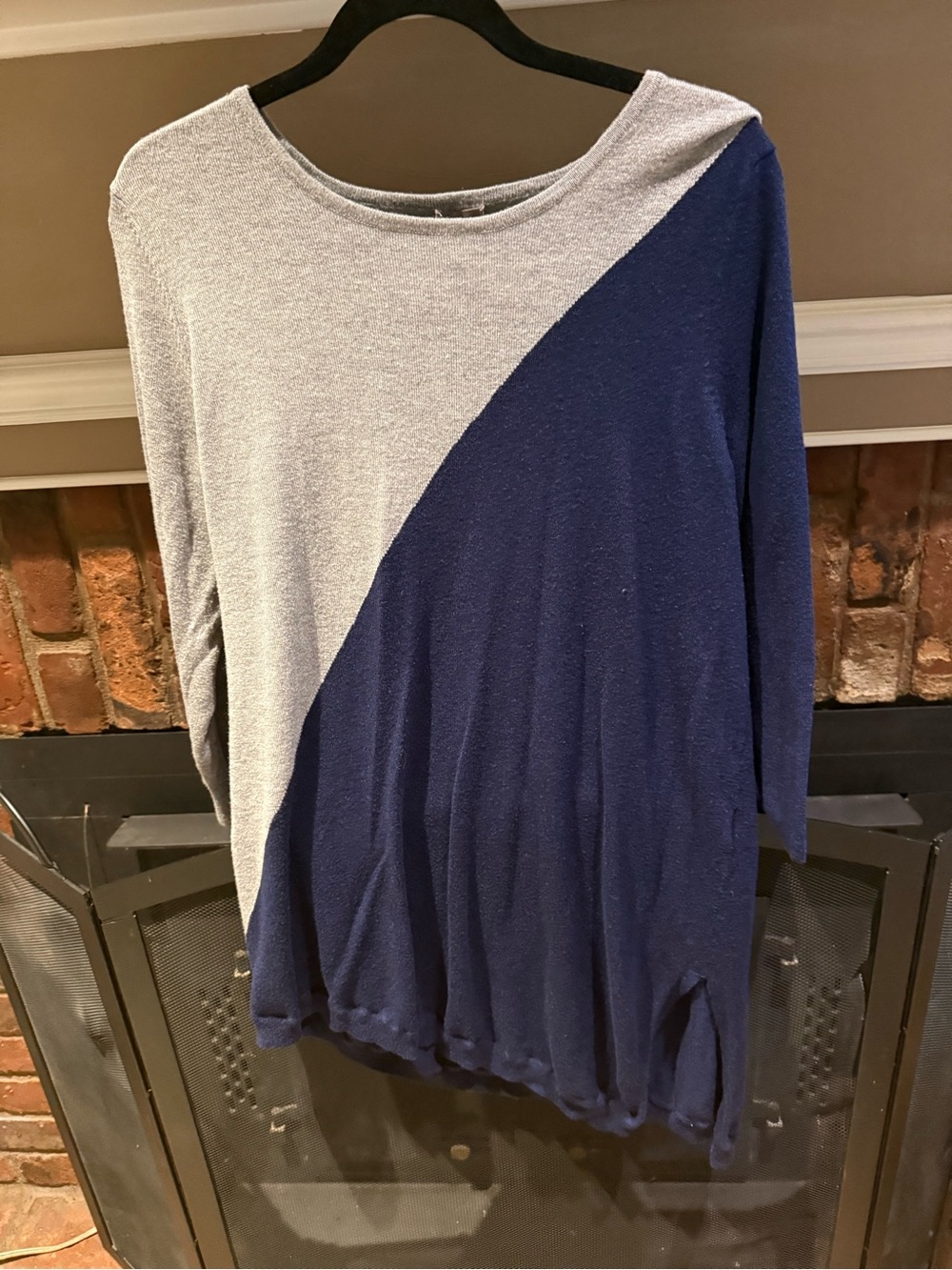 Chico's Asymmetrical Colorblock Tunic Sweater Gray Navy Blue Size 2 Large